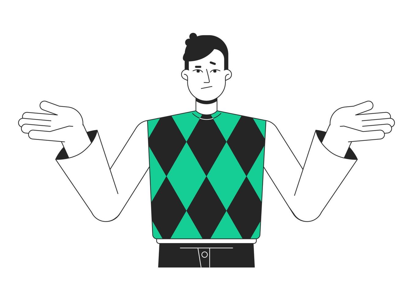 Frustrated man shrugging with hands up flat line color vector character. Editable simple outline half body person on white. Professional cartoon spot illustration for web graphic design and animation