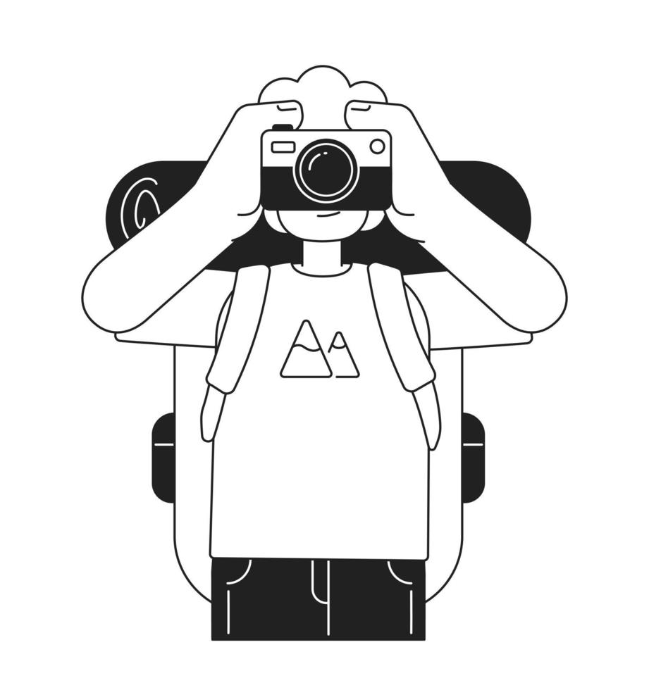 Male tourist taking pictures with instant camera monochromatic flat vector character. Editable thin line half body person on white. Simple bw cartoon spot image for web graphic design, animation