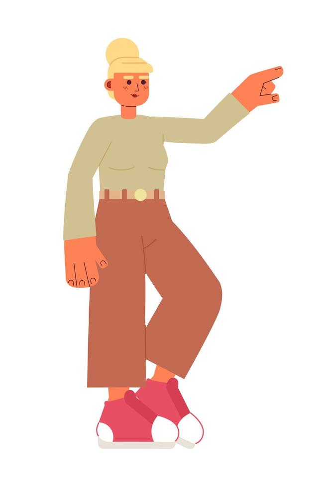 Woman in casual clothes and sneakers showing direction semi flat colorful vector character. Editable full body person on white. Simple cartoon spot illustration for web graphic design and animation