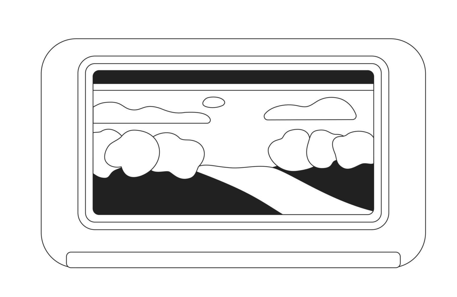 Seeing outside view from window train monochrome flat vector object. Landscape. Editable black and white thin line icon. Simple cartoon clip art spot illustration for web graphic design and animation