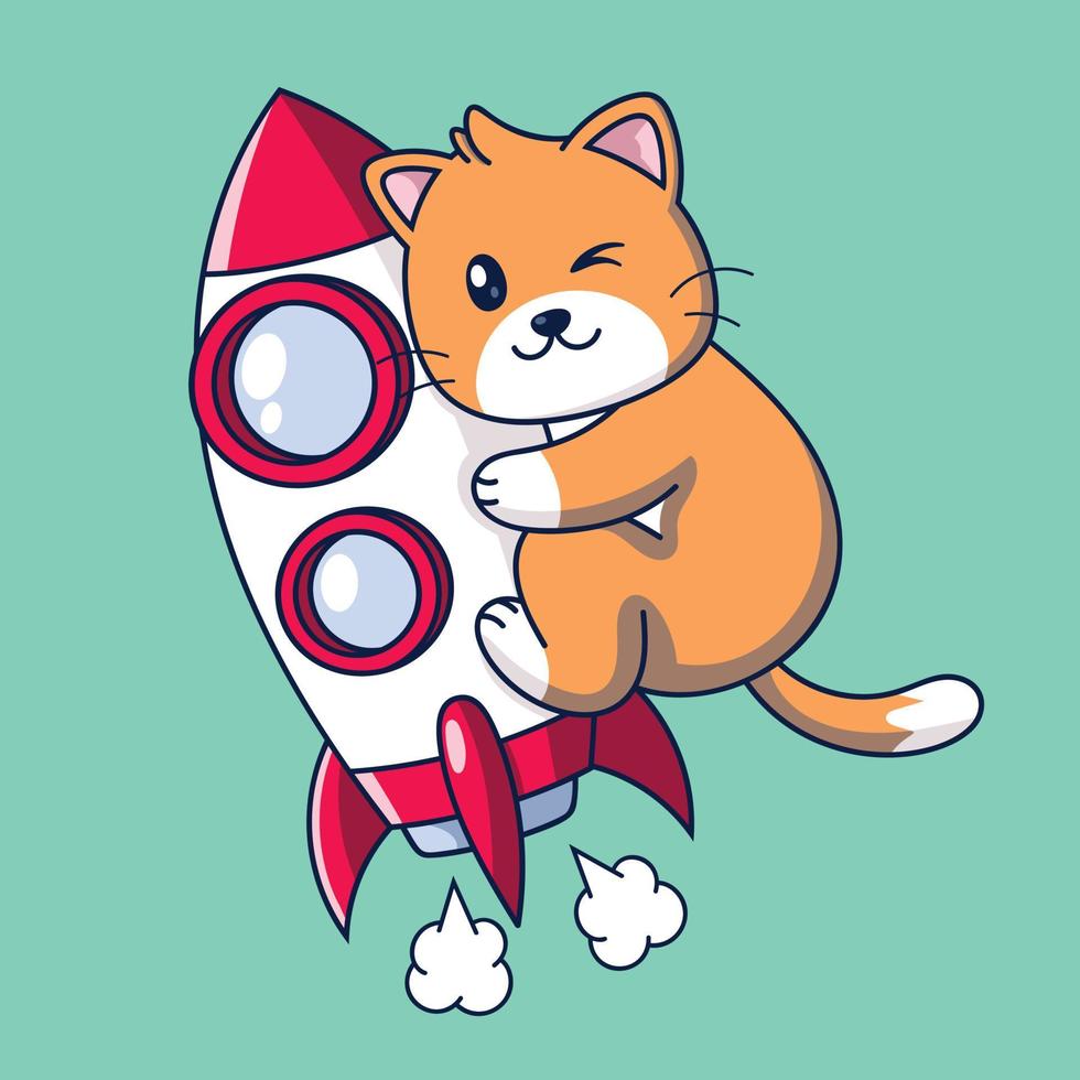 Cute cat flying on a rocket. Vector illustration of cartoon character.