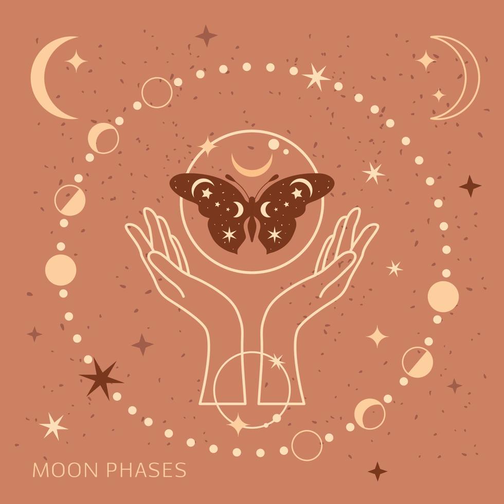 Mystical moon phases and woman hands and moth, alchemy esoteric magic space, sacred wheel of the year, vector isolated on beige background