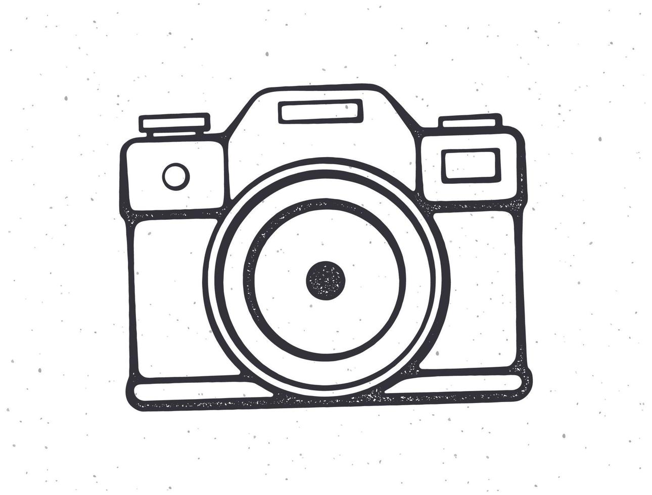 Outline of retro photo camera. Modern digital device with lens in vintage style. Vector illustration. Hand drawn black ink sketch, isolated on white background