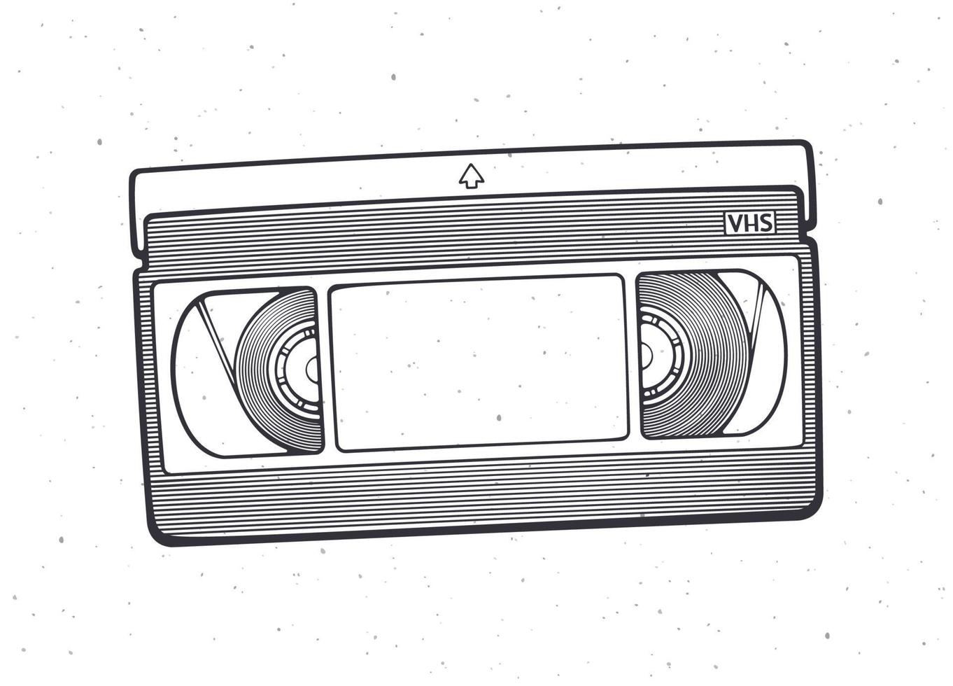 Outline of VHS cassette. Vector illustration. Video tape record system. Retro storage of analog information. Hand drawn black ink sketch, isolated on white background. Print for packaging, showcases