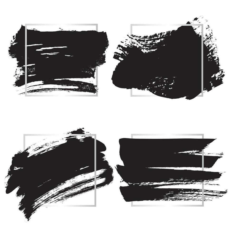 Set of black paints, ink brush strokes, brushes, lines. Grunge artistic design elements, frames for text. vector