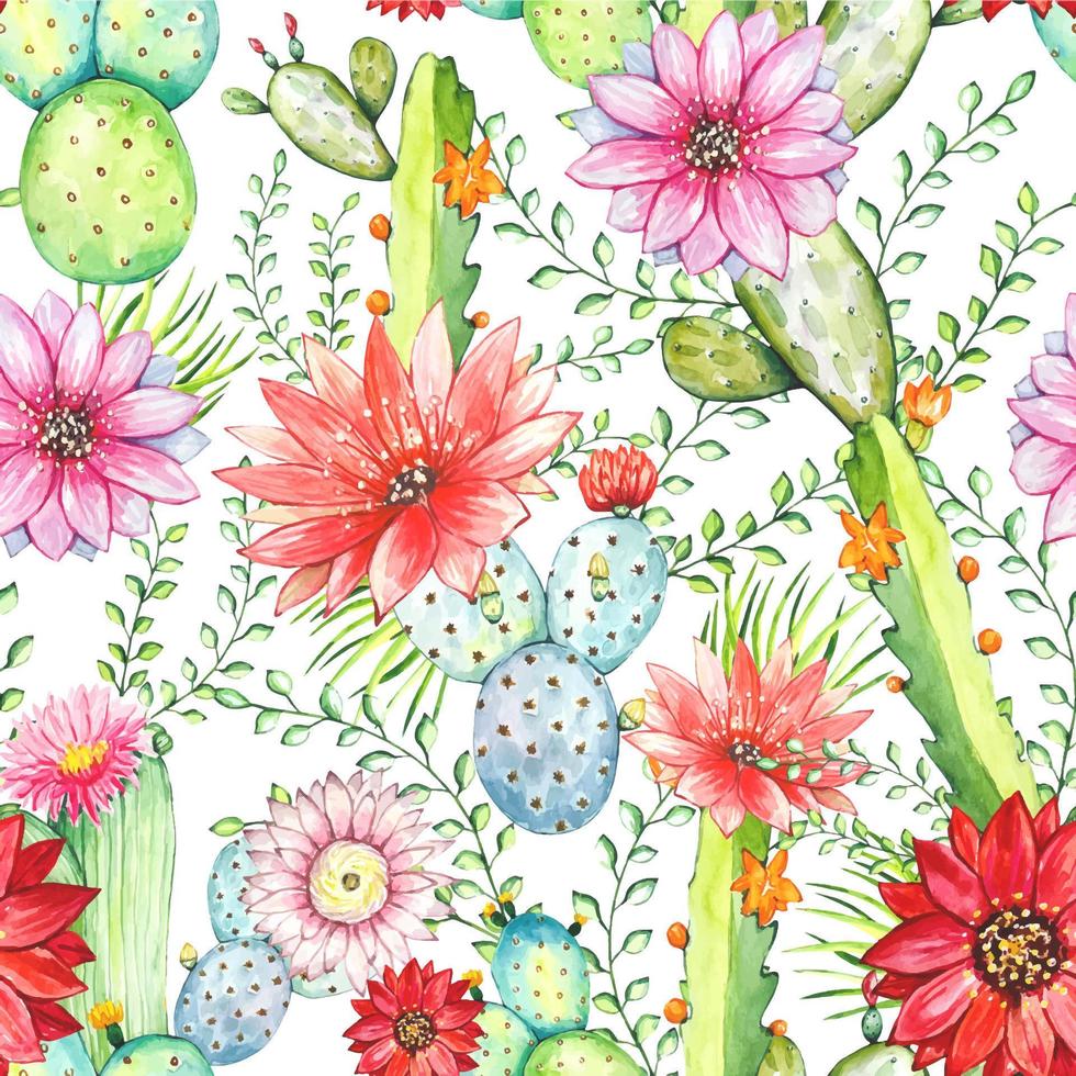 Seamless pattern with watercolor cacti and flowers. vector