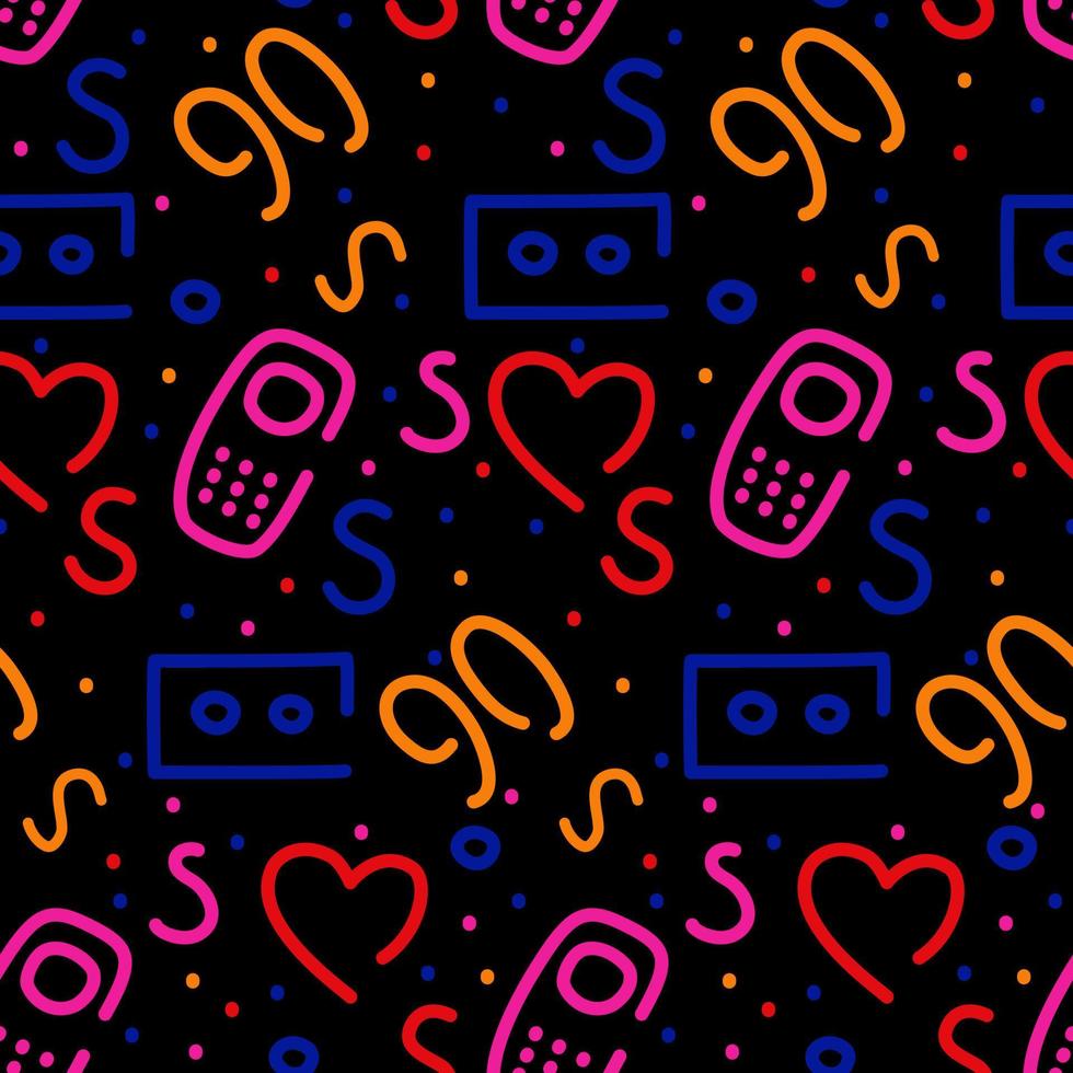 Retro seamless pattern withsquiggle. Vector isolated pattern in 90s style on black background. Good for textile, wallpaper, wrapping, background, scrapbooking, poster for social media