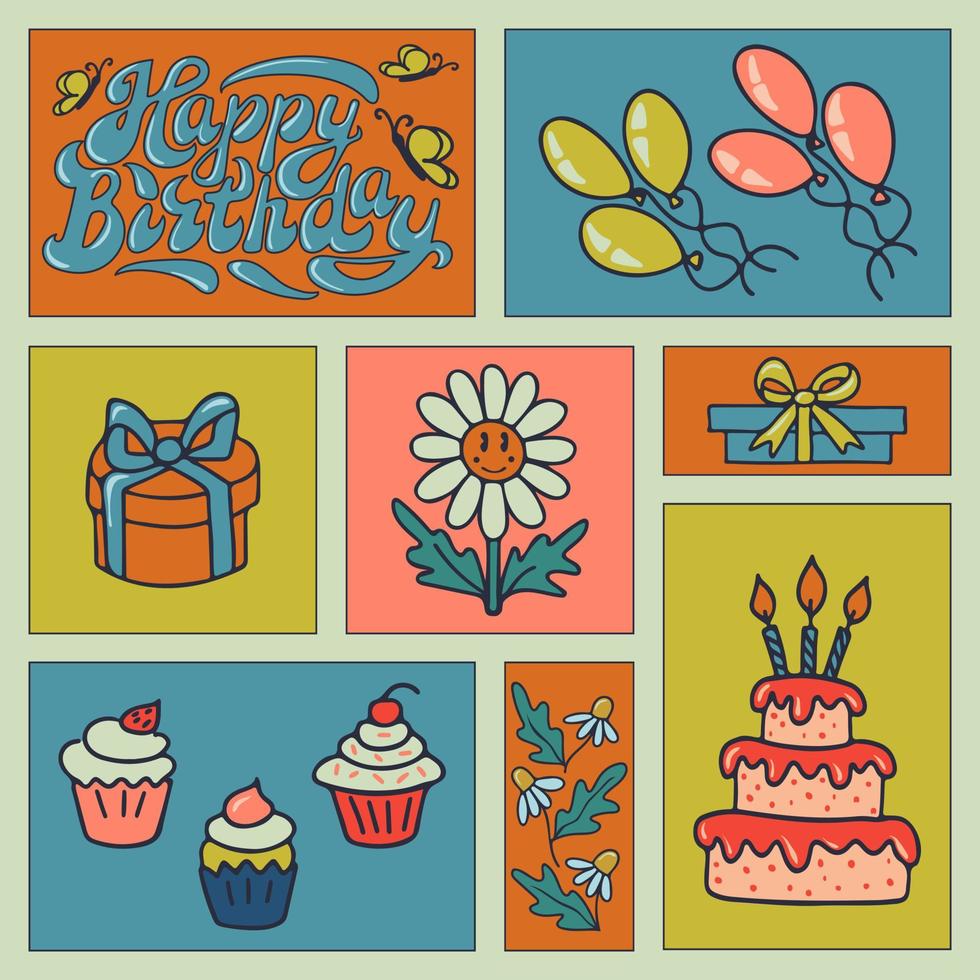 retro contento cumpleaños mano dibujado vector concepto. elementos para cumpleaños fiesta en nostálgico estilo. Perfecto para social medios de comunicación, gráfico póster, tarjeta postal, fondo, imprimir, tela patrón, cubrir