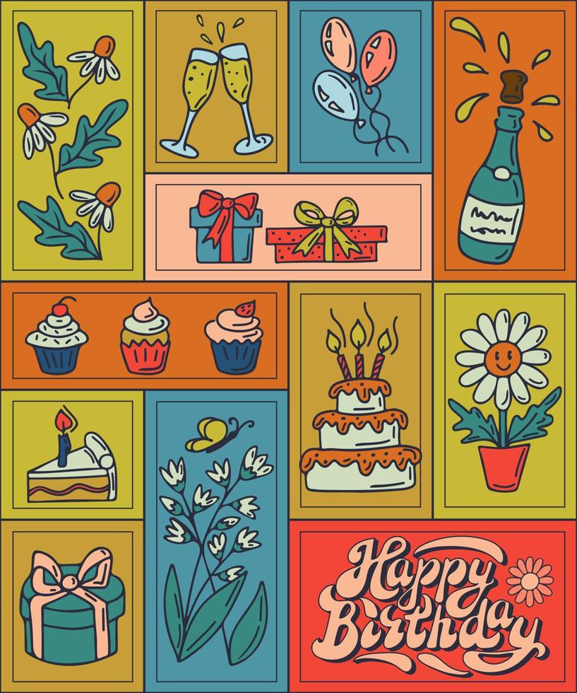 de moda contento cumpleaños vector concepto. elementos para cumpleaños fiesta en plano retro estilo. lata ser usado como gráfico póster, tarjeta postal, fondo, imprimir, tela patrón, cubrir, bandera para social medios de comunicación