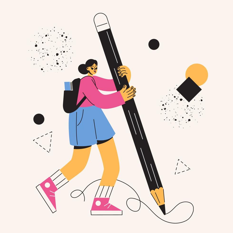 A flat student stands and holds a pencil. Women study and write. Girl artist, illustrator draws vector