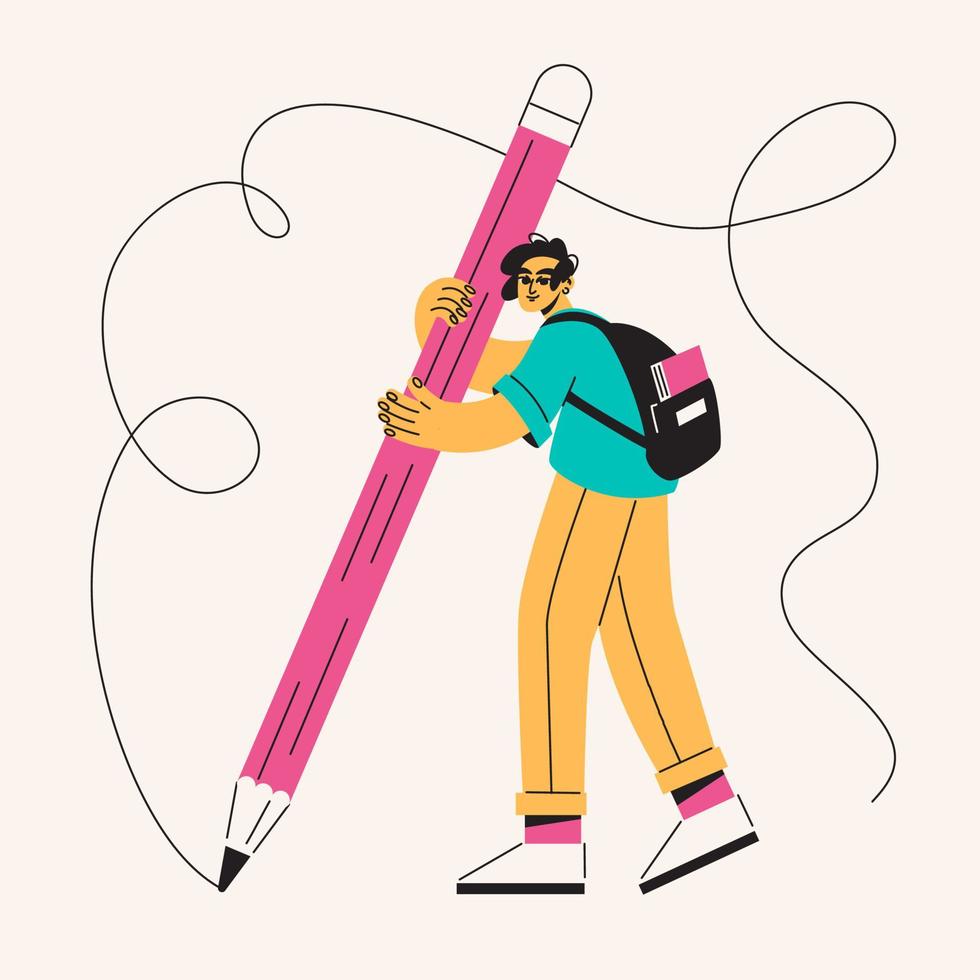 A flat student stands and holds a pencil. Men study and write. The guy is an artist, illustrator vector