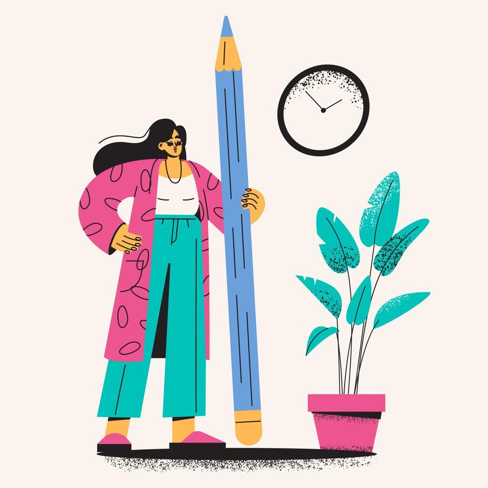 A flat student stands and holds a pencil. Women study and write. Girl artist, illustrator draws vector