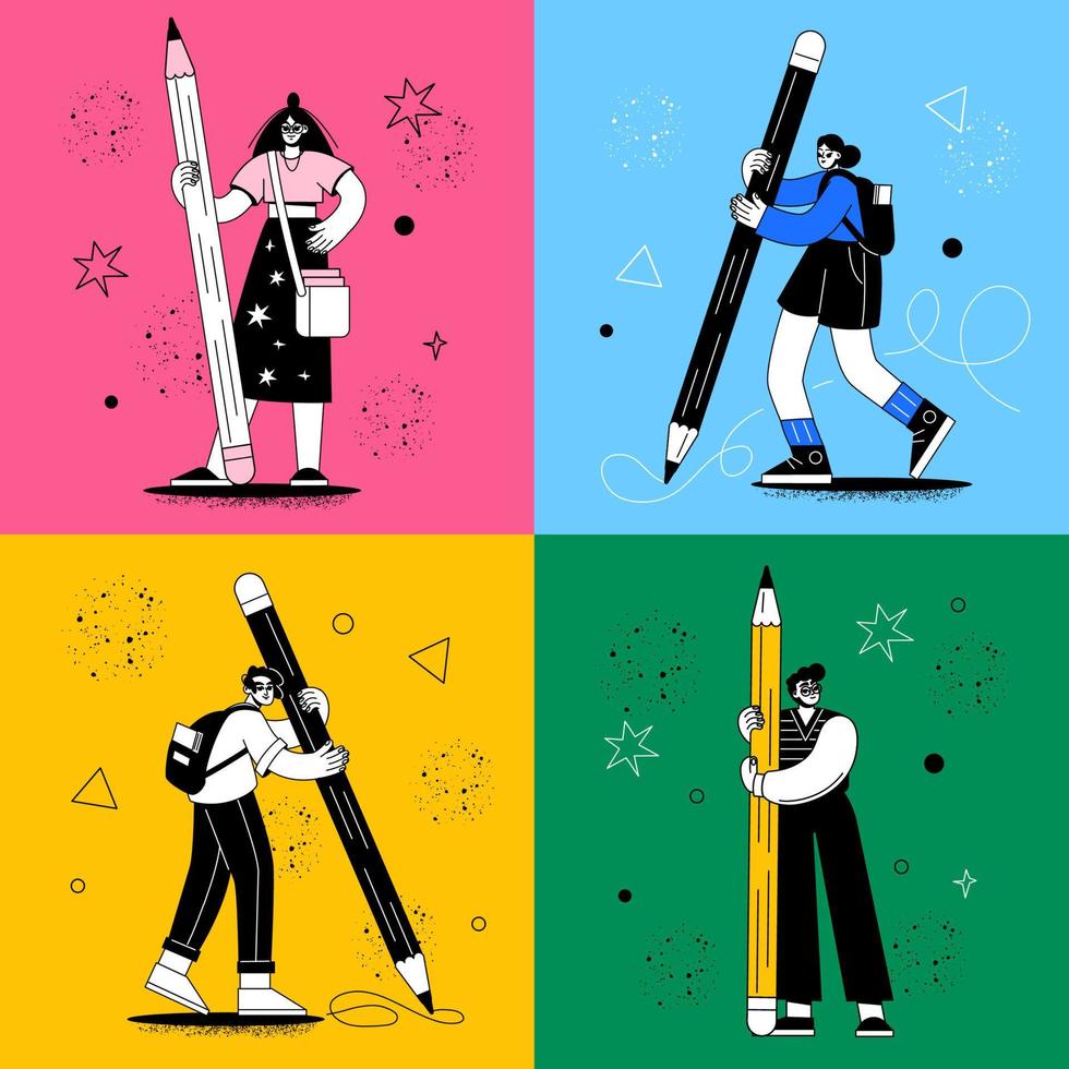 Flat students stand and hold a pencil. Men and women study and write. Education and training vector