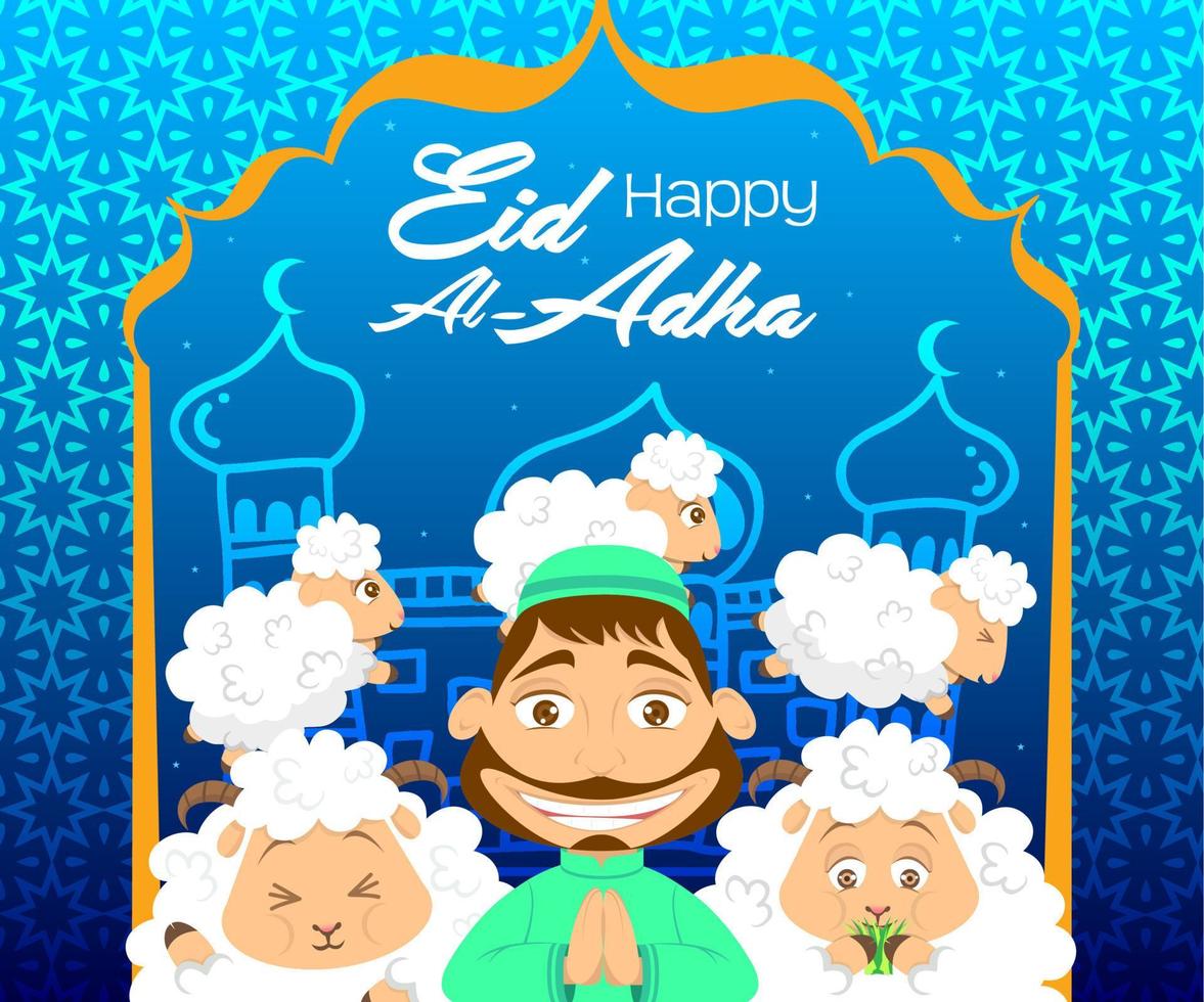 a poster for eid al adha with sheeps and a man greetings vector
