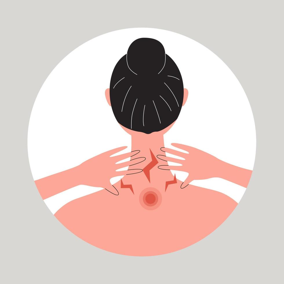 Young woman suffering from muscle tension. Female with office syndrom or tech neck problem. Back view of woman pressing her neck and shoulder. vector