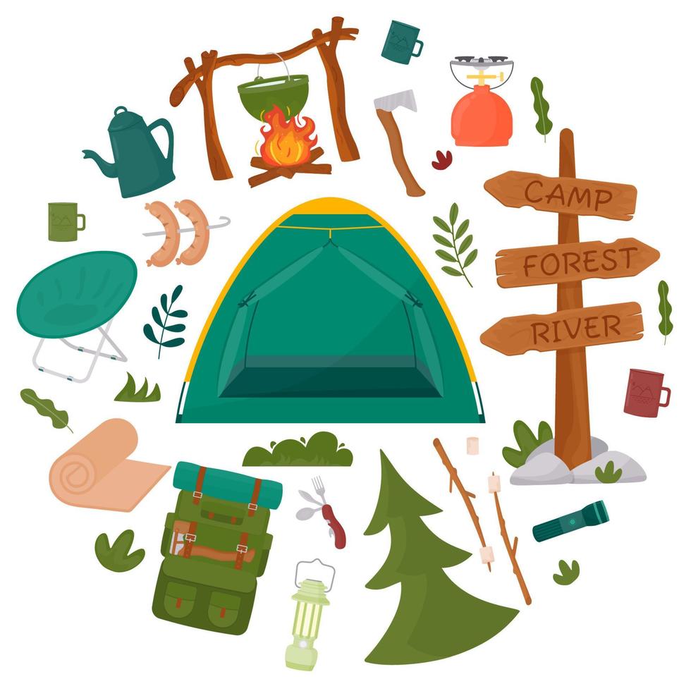 Background for summer camping, travel, trip, hiking, tourist, nature, travel, picnic. Design of a poster, banner, leaflet, cover, special offer, advertisement. Vector illustration in a flat style.