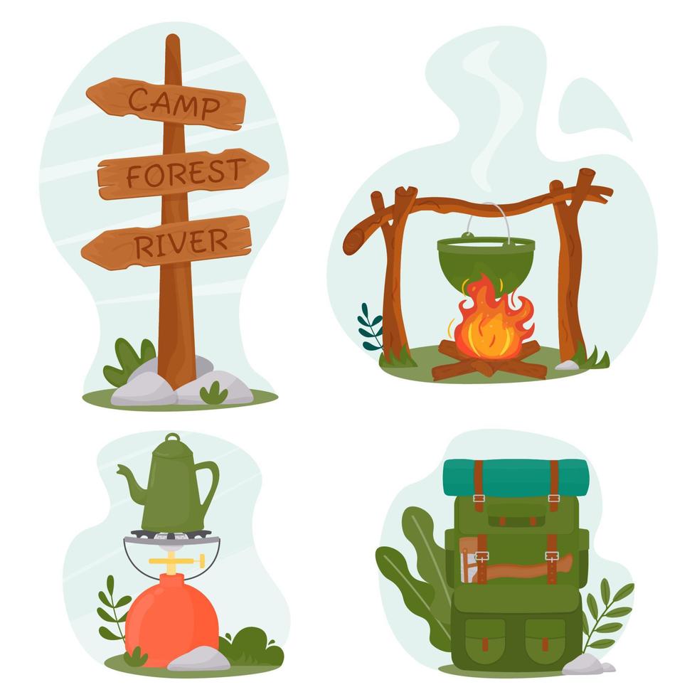 A pot on a fire in the forest. Wooden signpost to the summer camp, river, forest. A traveler's hiking backpack. Camping gas stove with coffee kettle. vector