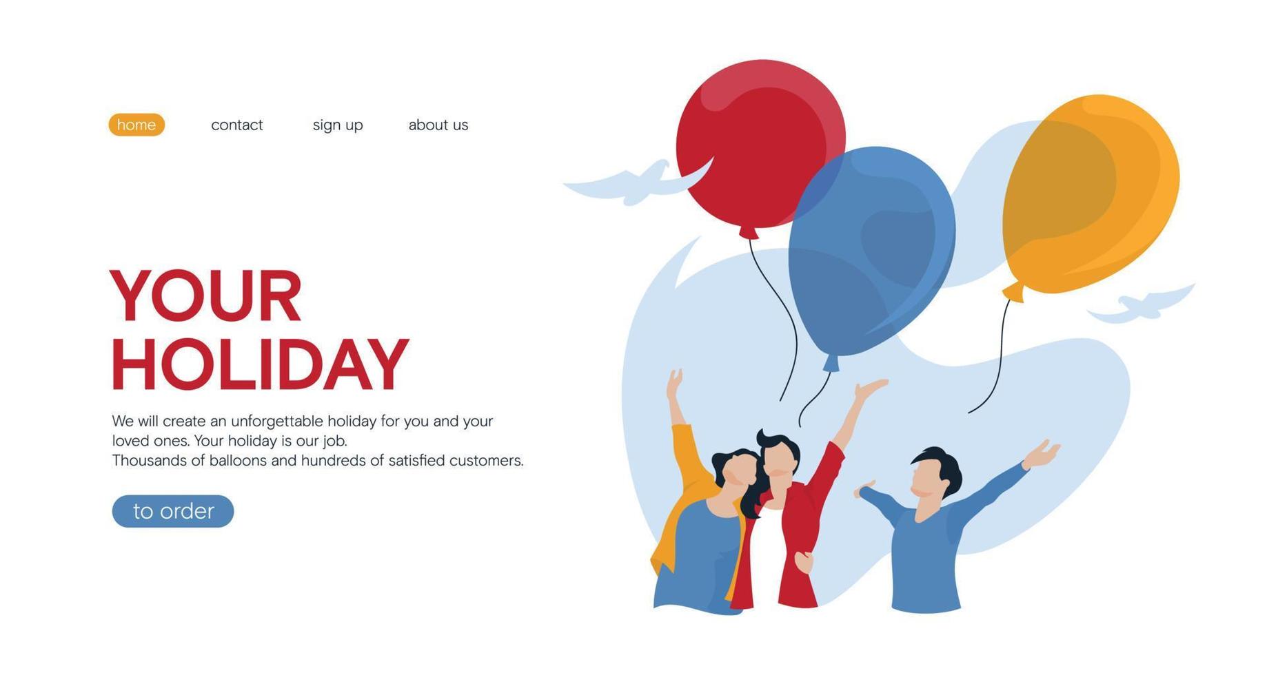 Web banner. Happy people launch balloons into the sky. Festive mood. Blue sky, doves. Vector image.