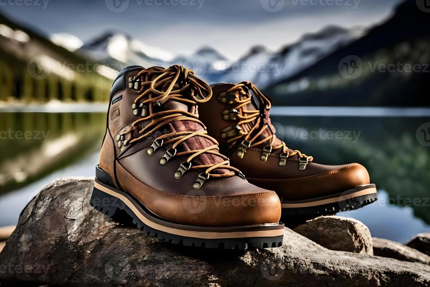 Hiking boots and beautiful natural landscape view. Neural network photo