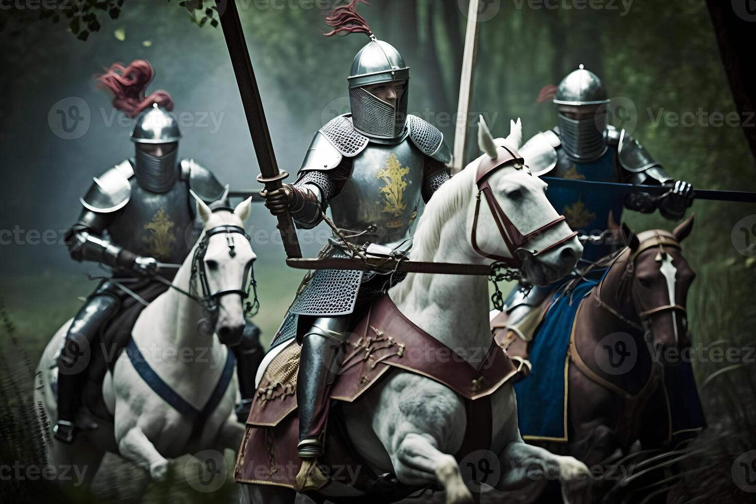 Epic Battlefield Armies of Medieval Knights Fighting with Swords. Neural network photo