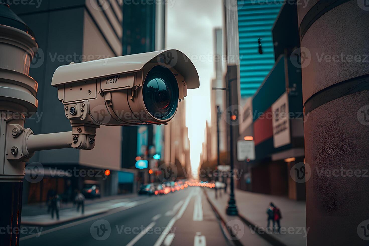 cctv cámara o vigilancia operando en calle y edificio a noche. neural red ai generado foto