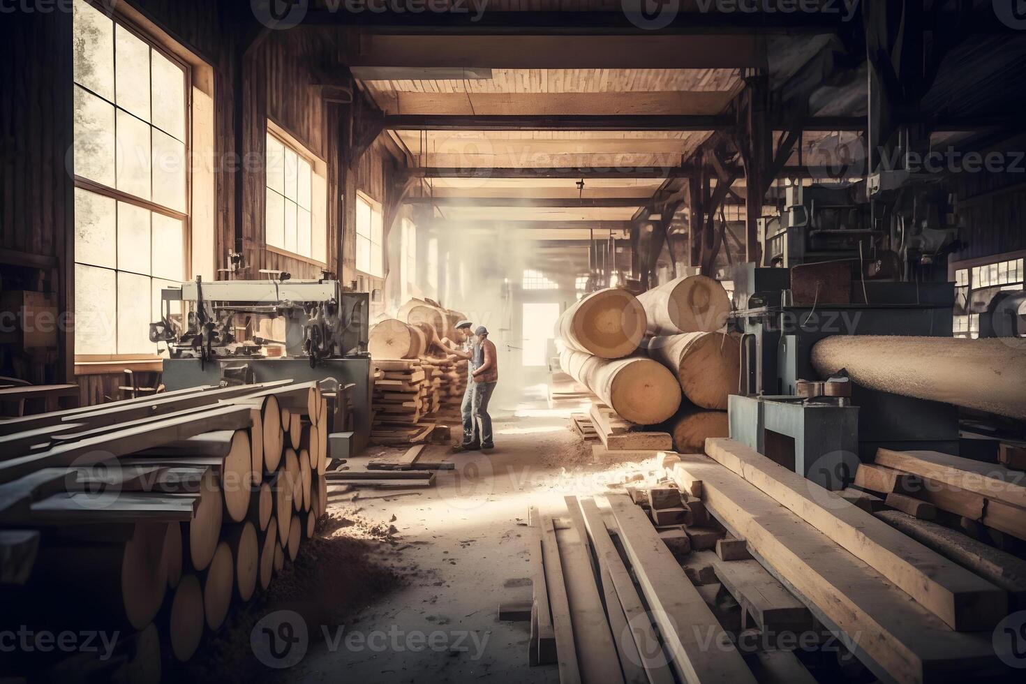 Woodworking sawmill production and processing of wooden boards in a modern industrial factory assembly line in production. Neural network generated art photo