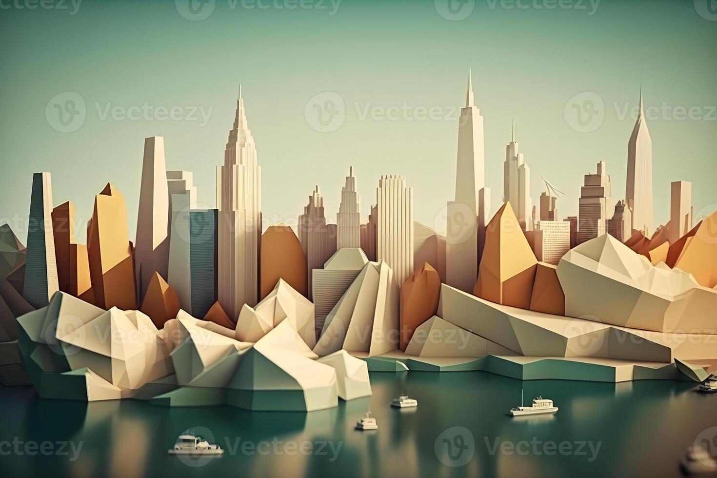 View of the city of New York from paper in the style of origami. Neural network photo