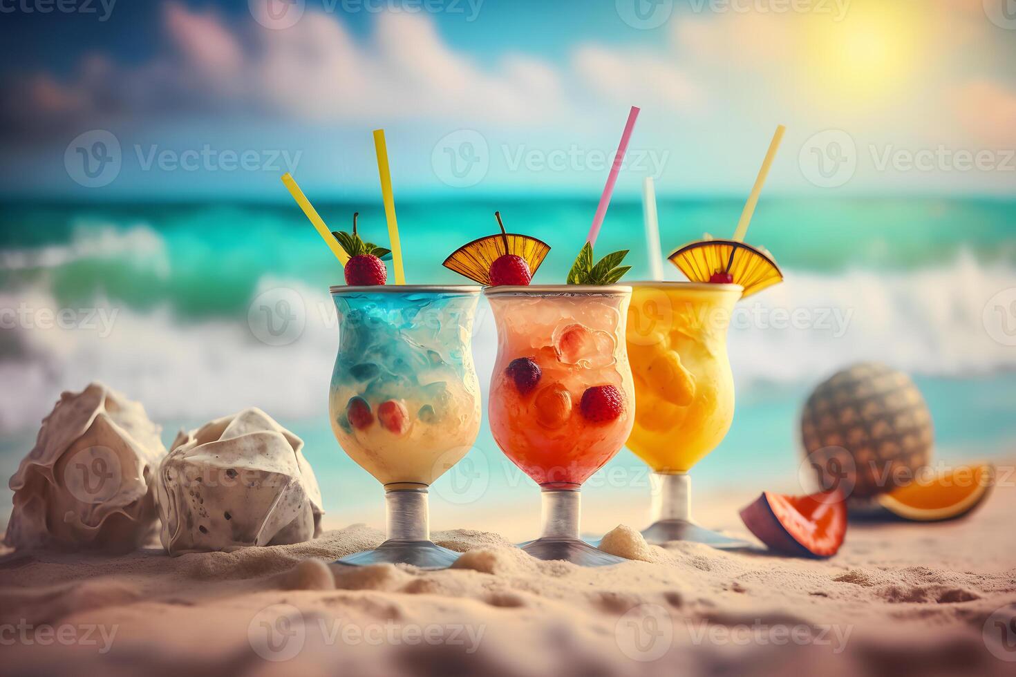 Cocktails by the sea. Summer beach mood. Neural network photo
