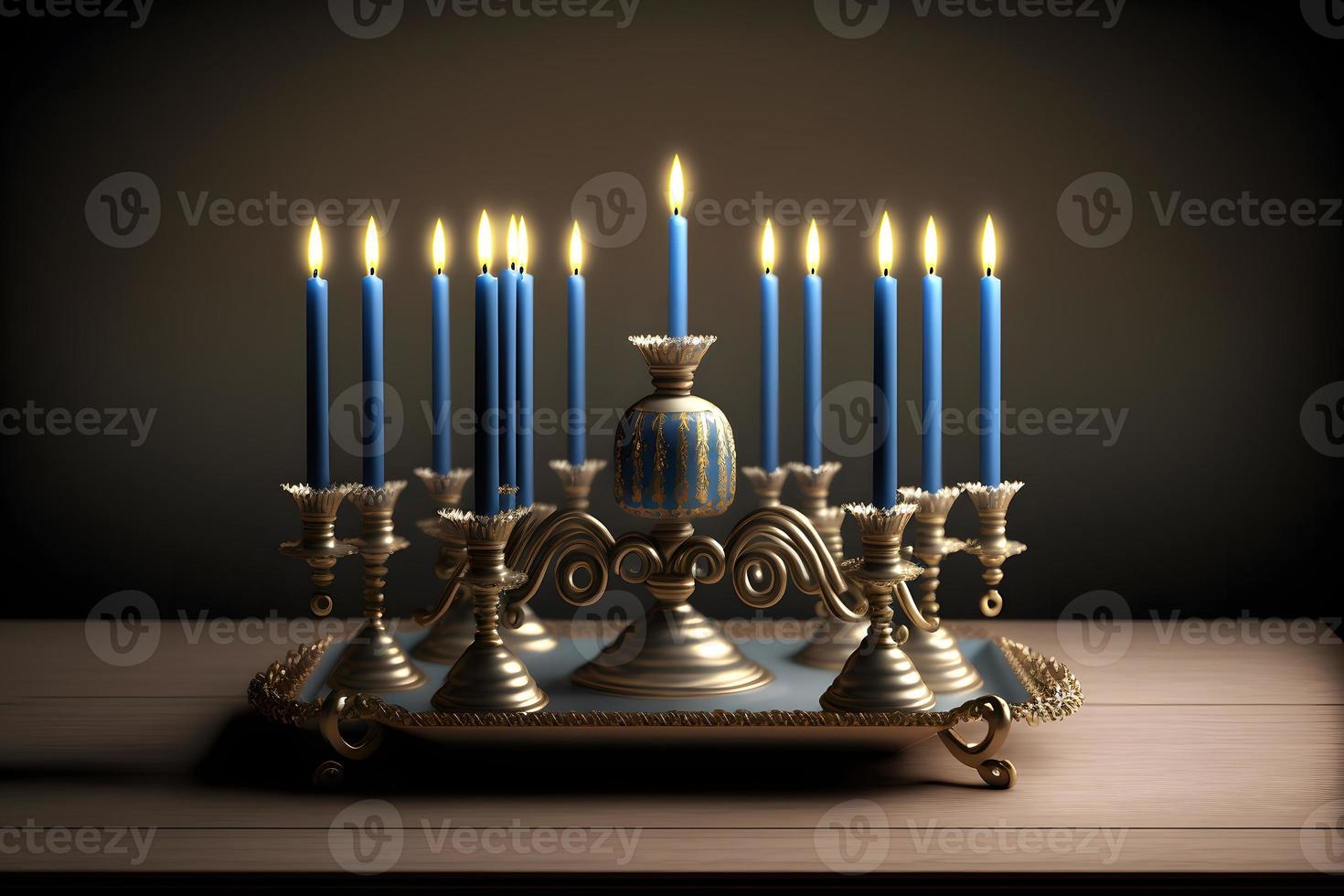 Janucá Menorah en judío tradicional festivo mesa. neural red generado Arte foto