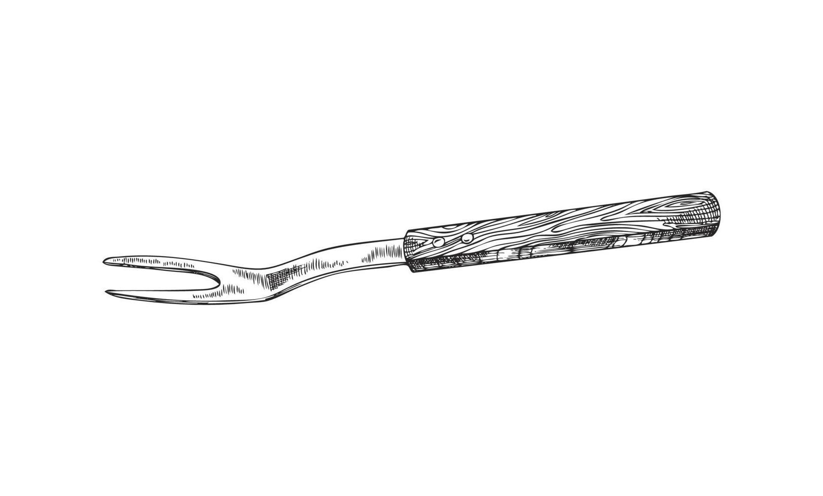 Steak fork with wooden handle, hand drawn sketch vector illustration isolated on white background.