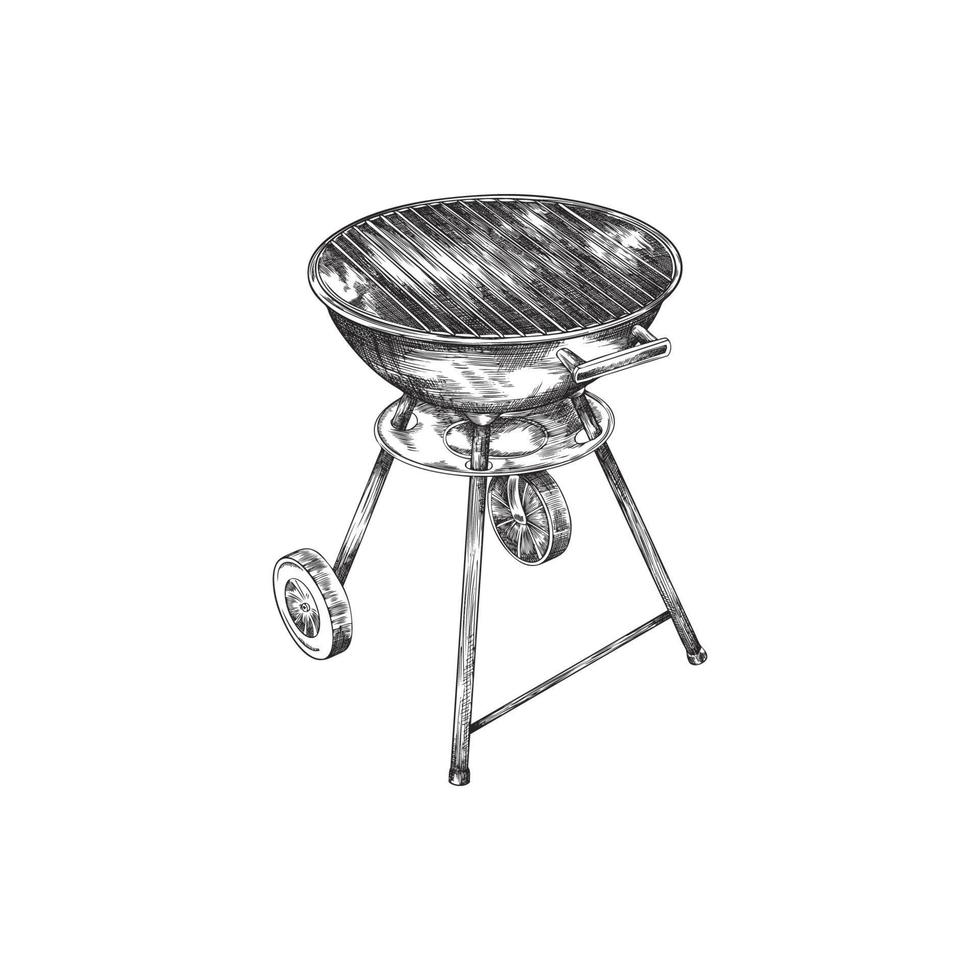 Grill machine with pot and grid, hand drawn sketch vector illustration isolated on white background.