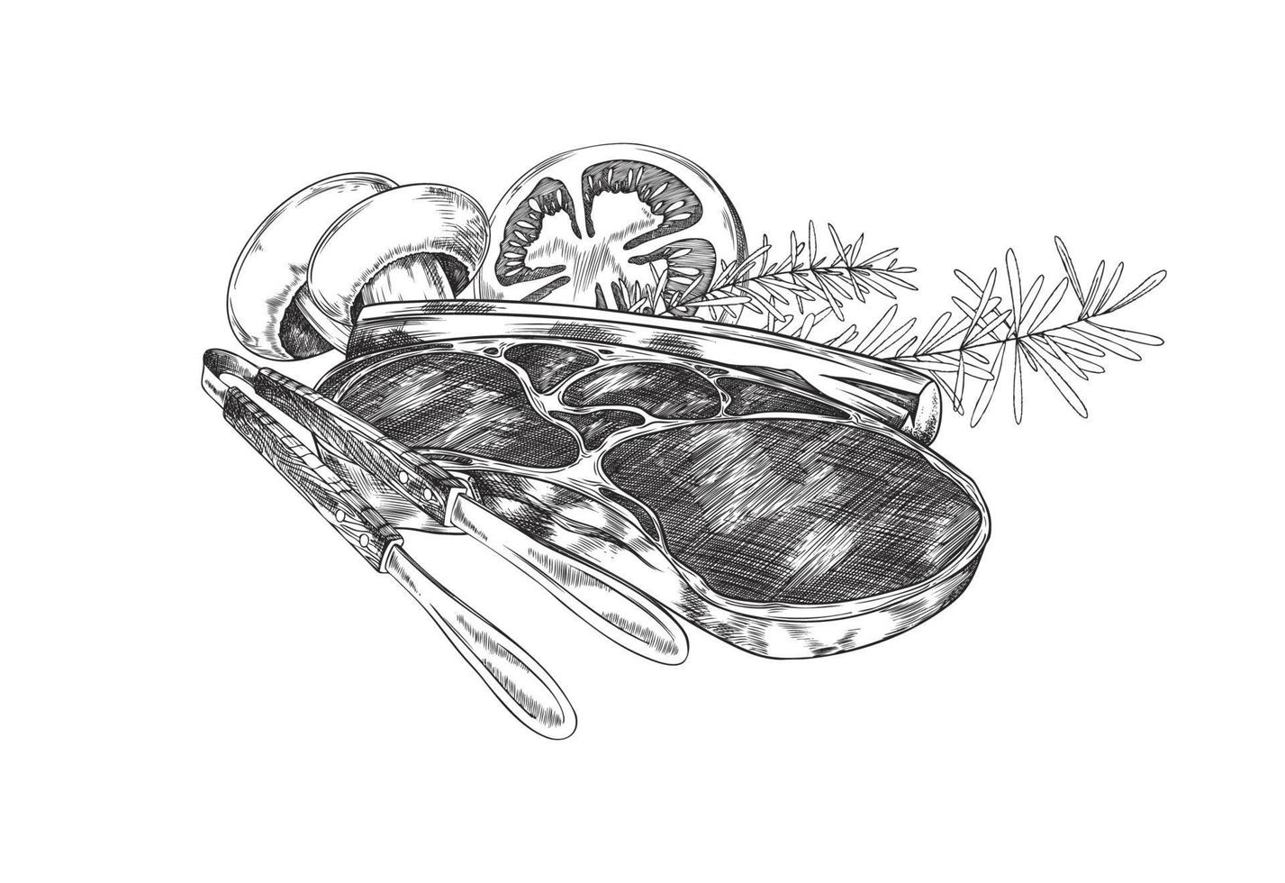 Grilled beef steak with vegetables engraving vector illustration isolated.