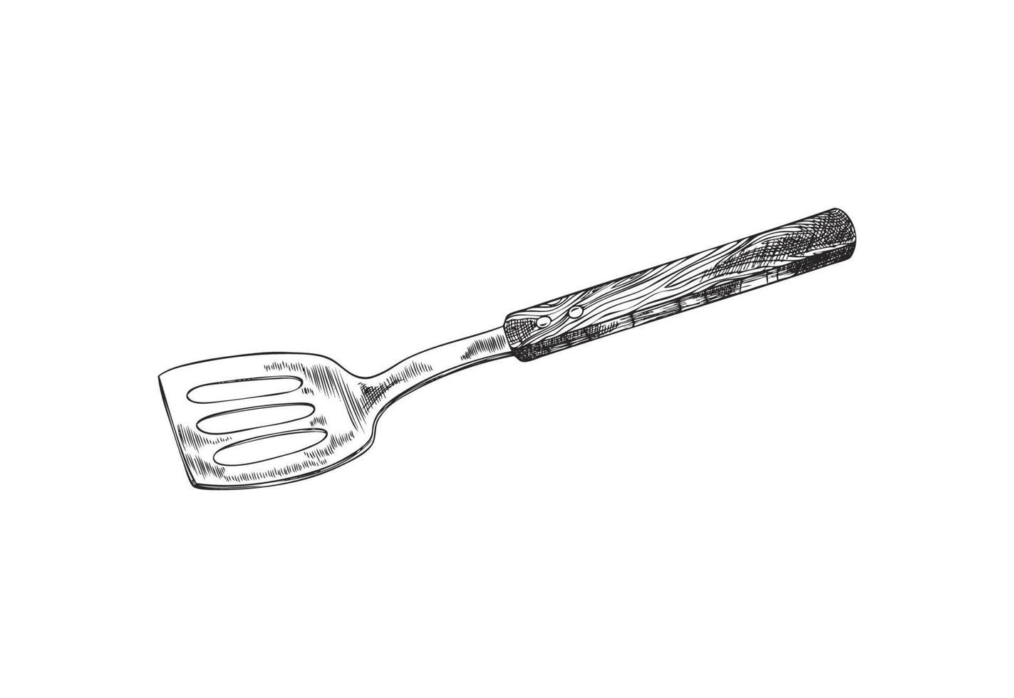 Hand drawn spatula with wooden handle for frying, sketch vector illustration isolated on white background.