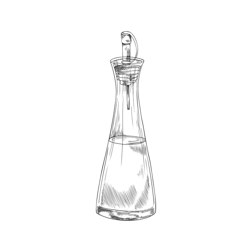Glass bottle for oil, drinks, vinegar, monochrome vector illustration on white background.