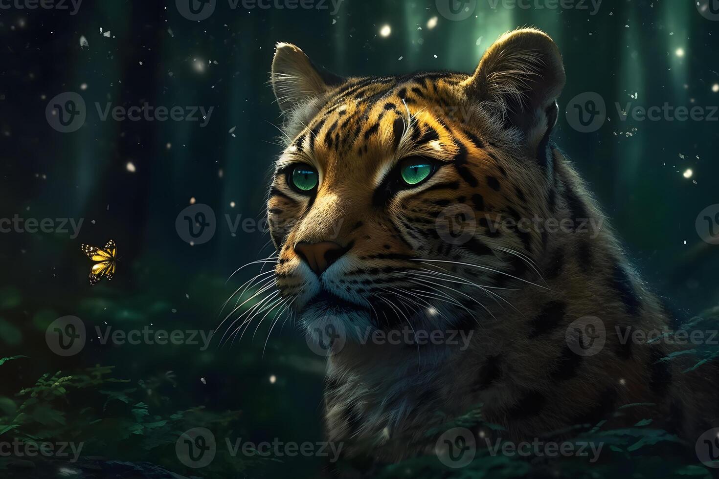 leopard portrait close up on dark background. Neural network photo