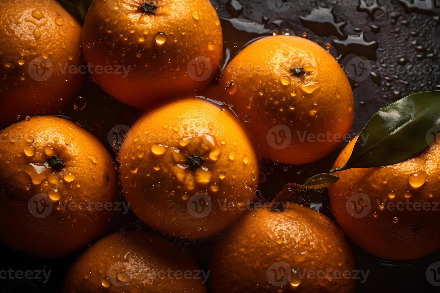 fresh orange fruits with leaves as background, top view. Neural network photo