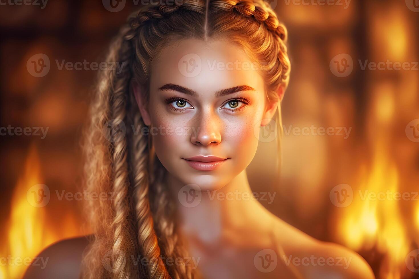 Beautiful woman with long braids in the garden. Neural network photo