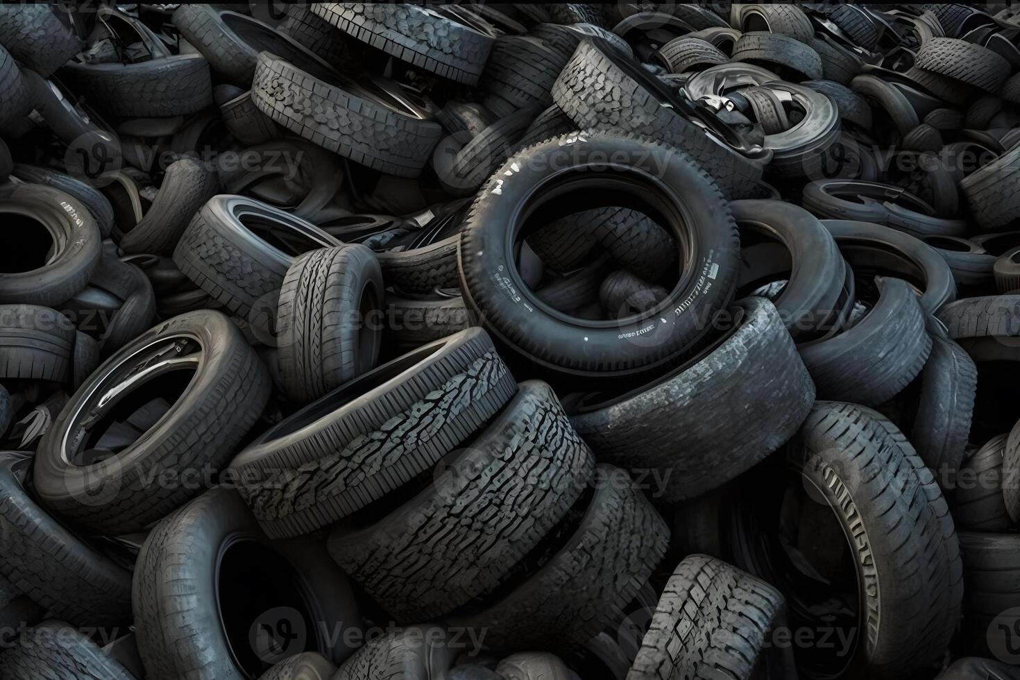 Old used car tires. A pile of black tires, abstract background. Neural network photo