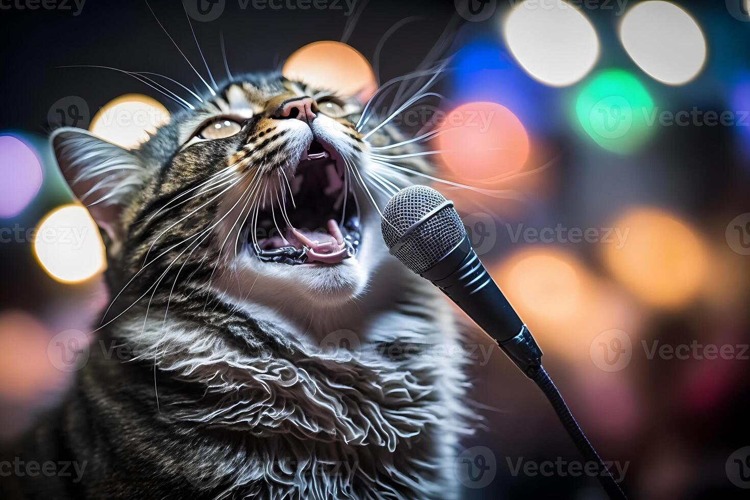 Cat artist sings into a microphone. Neural network photo