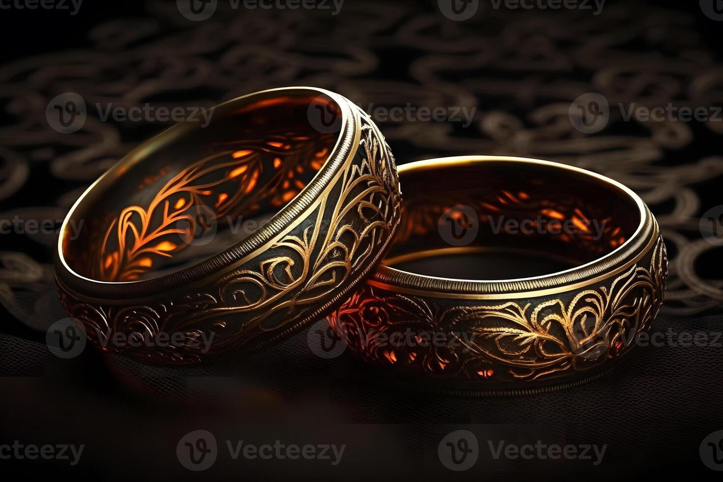 Original gold wedding rings on a dark background. Neural network photo