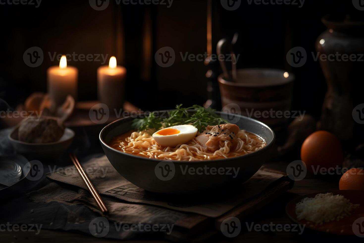 Japanese ramen soup with chicken, egg, chives and sprout on dark wooden. Neural network photo