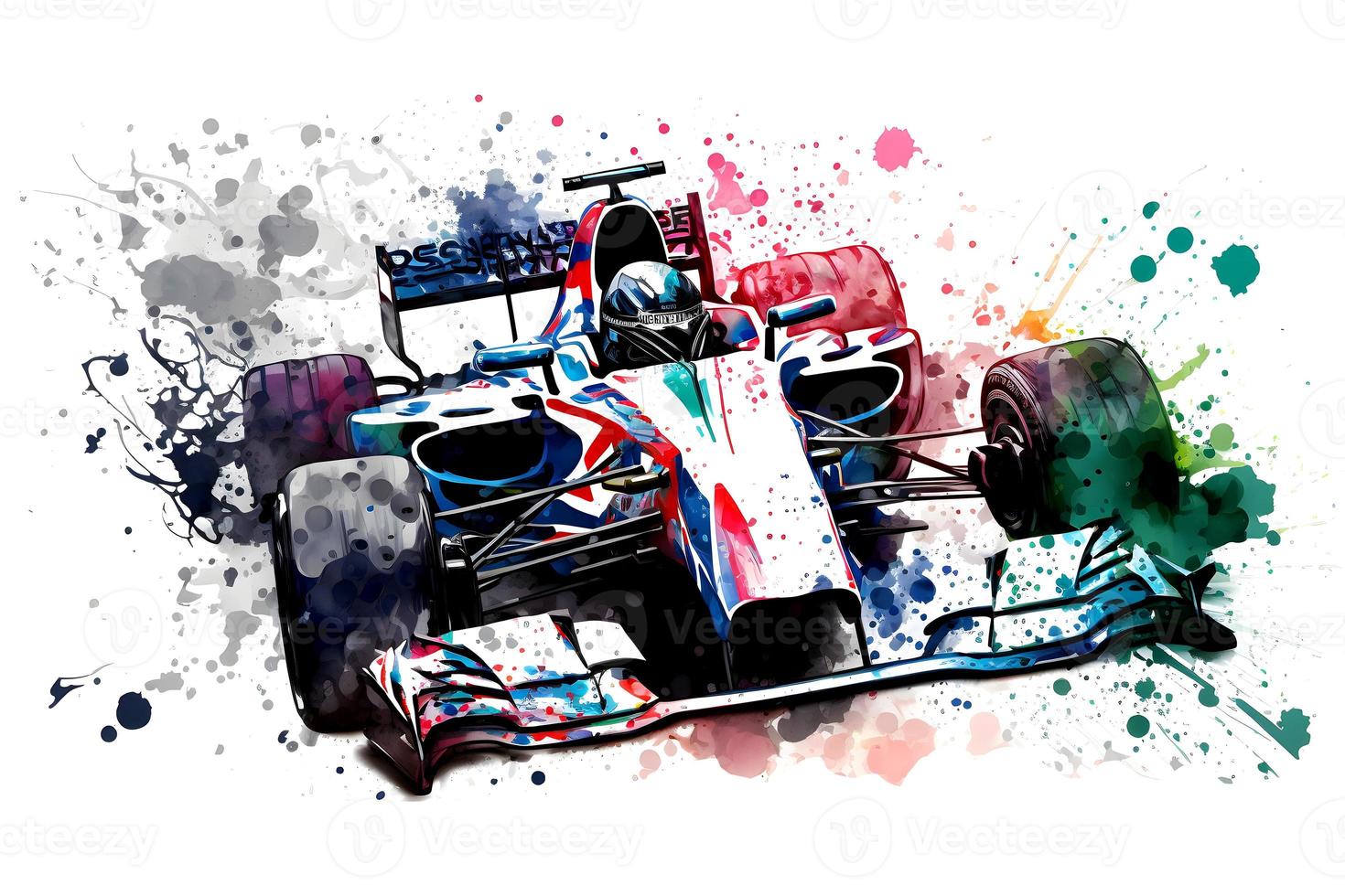 formula one race red car on watercolor rainbow splash, isolated on white. Neural network generated art photo