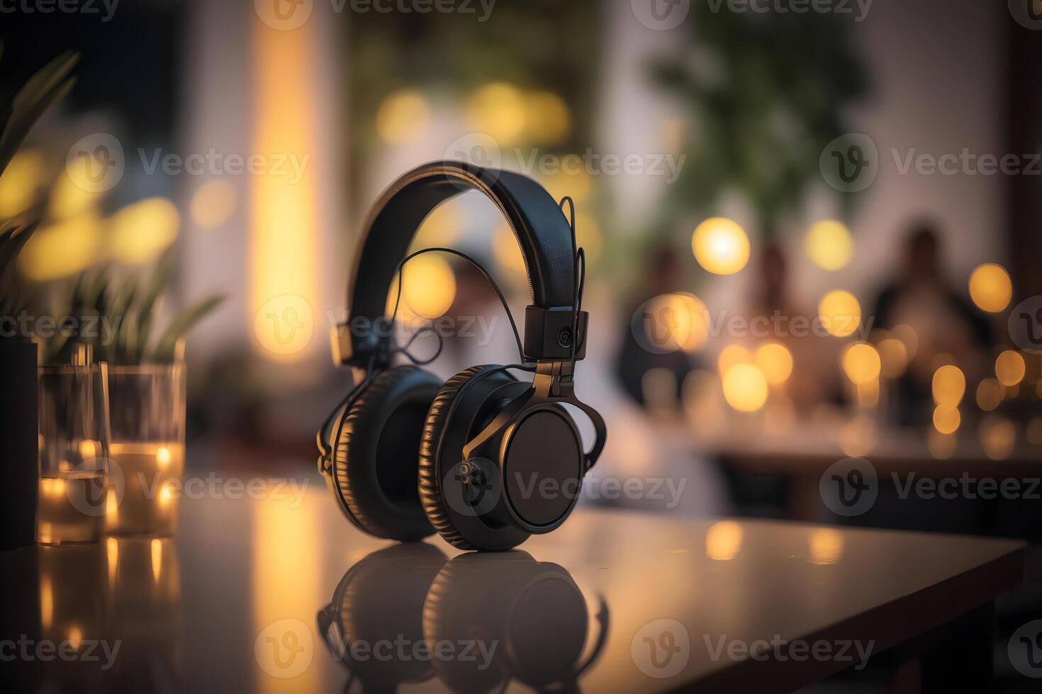 Modern big professional headphones on DJs table at night party. Neural network photo