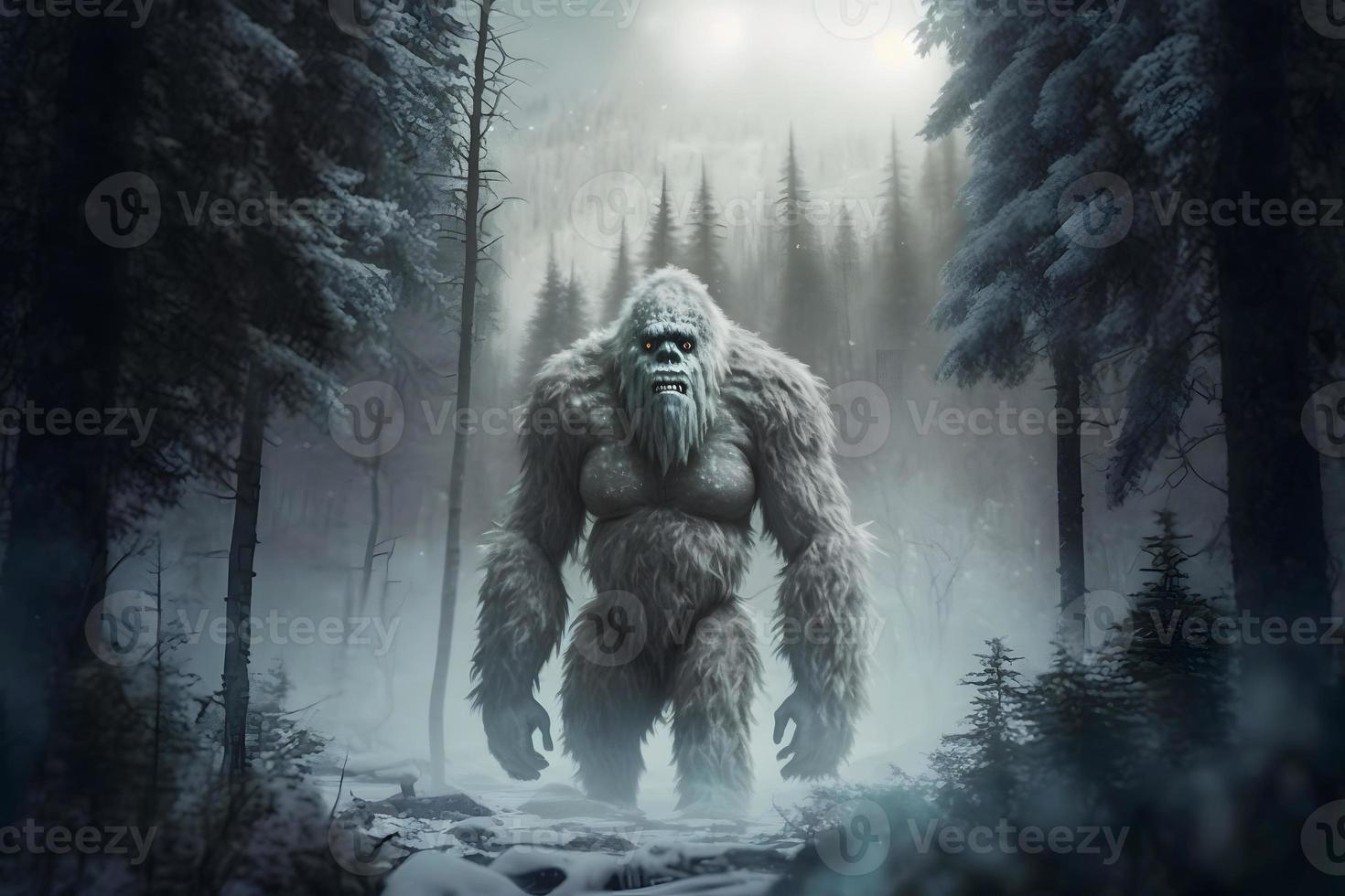 yeti o abominable monigote de nieve camina mediante invierno bosque área. neural red generado Arte foto