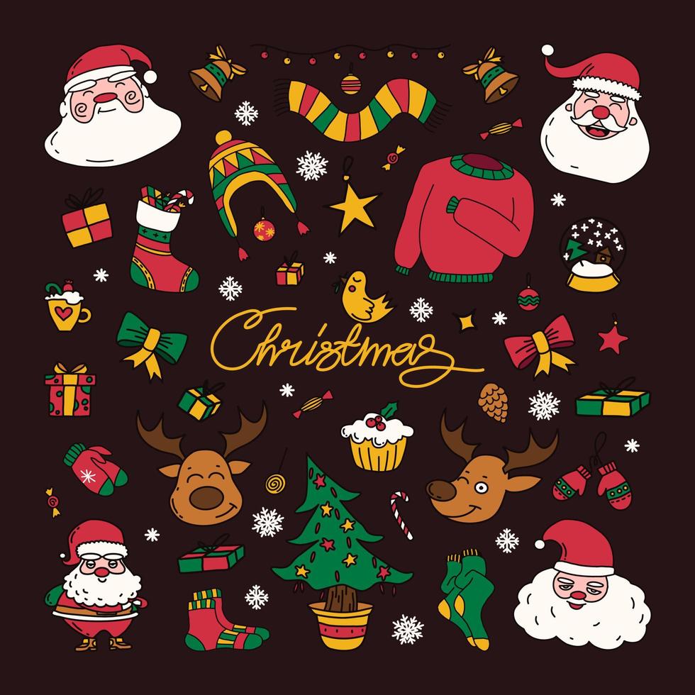 new year drawings icons, large set of festive clip-art graphics. Christmas design elements. Childish cute style. Vector illustration