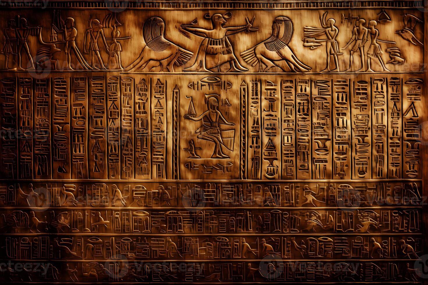 Ancient Egyptian drawings and hieroglyphs on the wall in the temple. Neural network photo