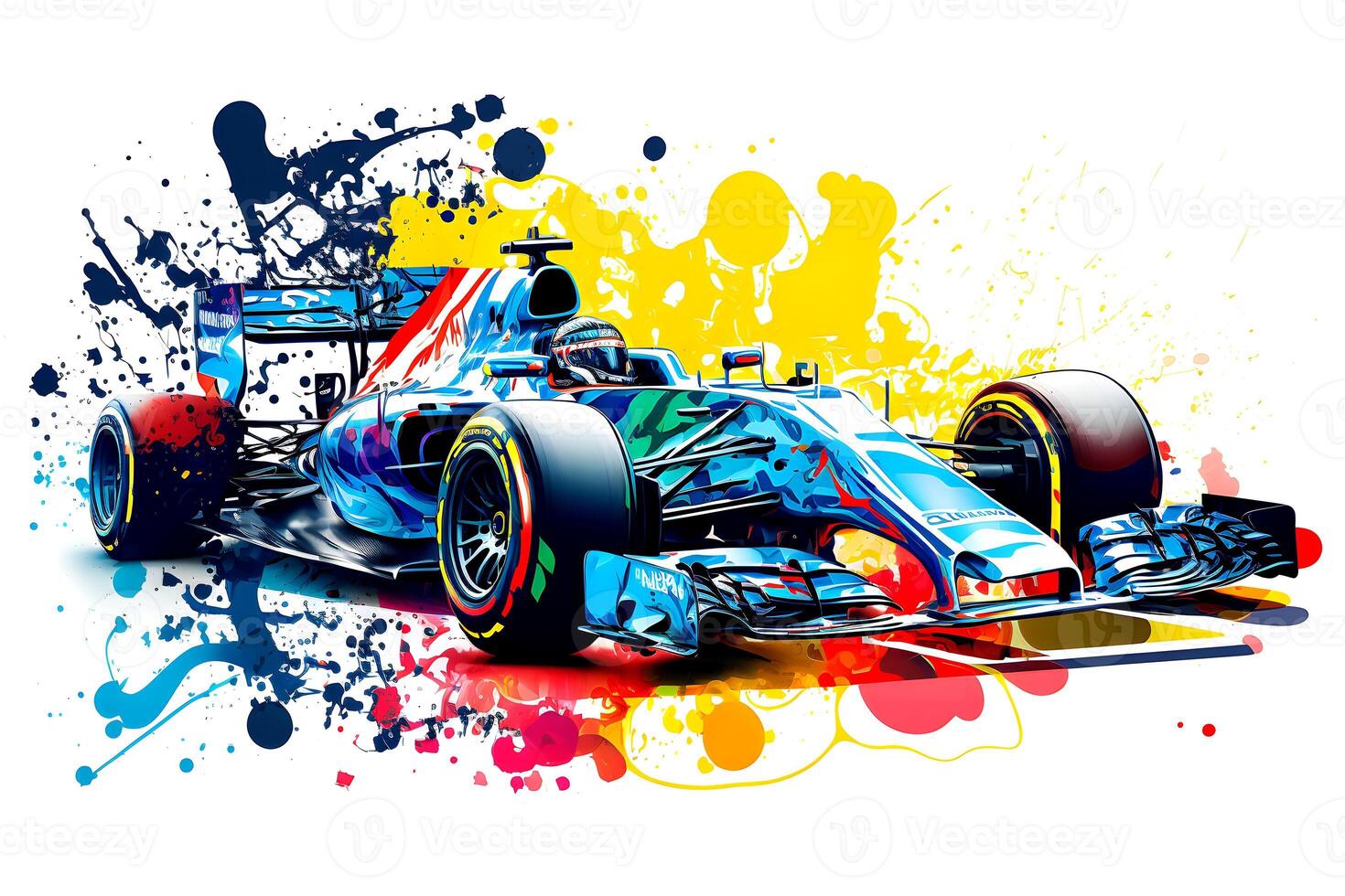 formula one race red car on watercolor rainbow splash, isolated on