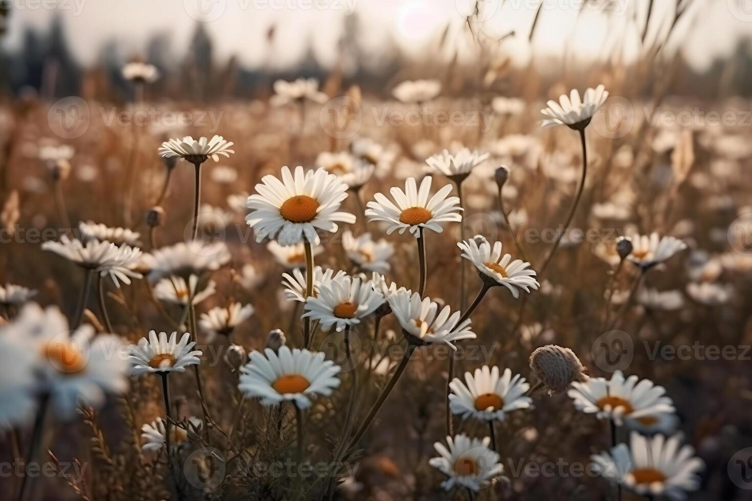 Field of daisies, blue sky and evening sun. Neural network photo