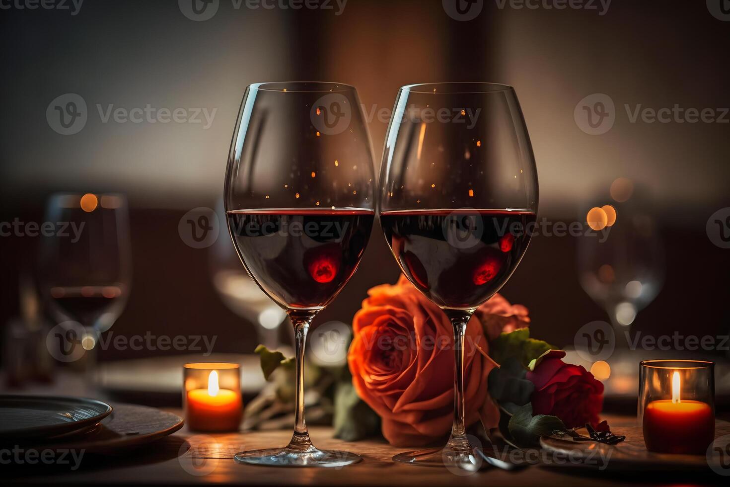 lentes de rojo vino en un restaurante. romántico cena. neural red ai generado foto