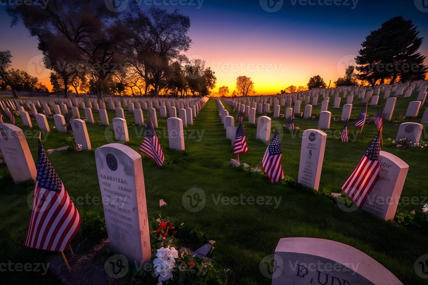 American flag waving next to a grave at the American Cemetery and Memorial. Neural network photo